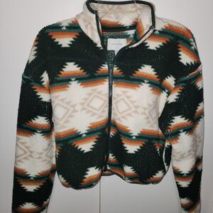 Love Tree Sz MED Aztec Sherpa Teddy Fleece Top Full Zip Cropped Jacket Western